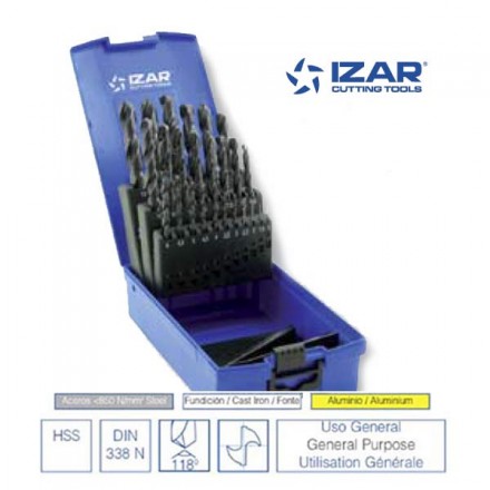 coffret 25 forets HSS DIN338N Izar de 1 à 13 mm par 0.5 mm