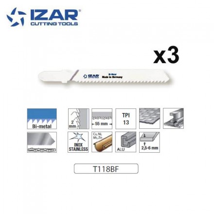 lame de scie sauteuse bimétal Izar T118BF pour acier, inox 76mm TPi13 (x3)