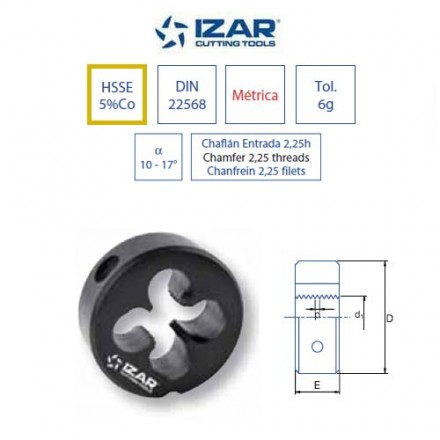 filière à main HSSE 5%co DIN22568 Izar métrique pas fin M15x1.0 pour inox