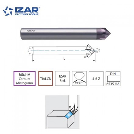 Fraise à chanfreiner 90° Izar carbure TIALCN pour acier trempé, inox