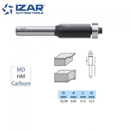 fraise affleureuse droite carbure Izar 12.7mm avec roulement guide copieur