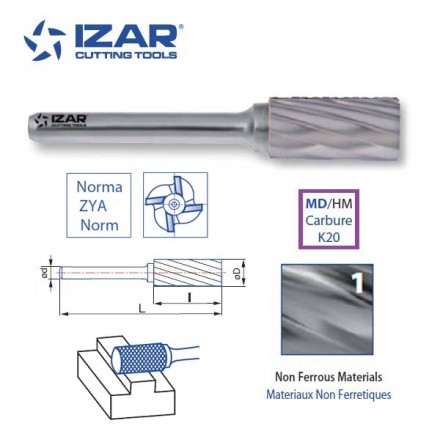 fraise rotative carbure Izar cylindrique ZYA denture 1 de 3 à 25 mm